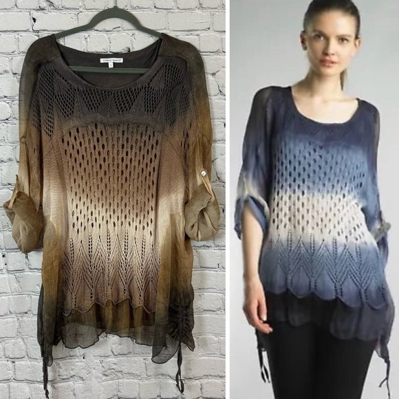 Tempo Paris Brown Ombré Knit Tunic Top Womens Size S Crochet Sheer Drawstring - Picture 1 of 11